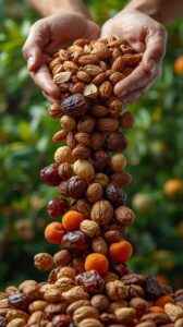 ABOUT US i want image of dry fruits pouring from hands with attractive and more realastic with nature green background